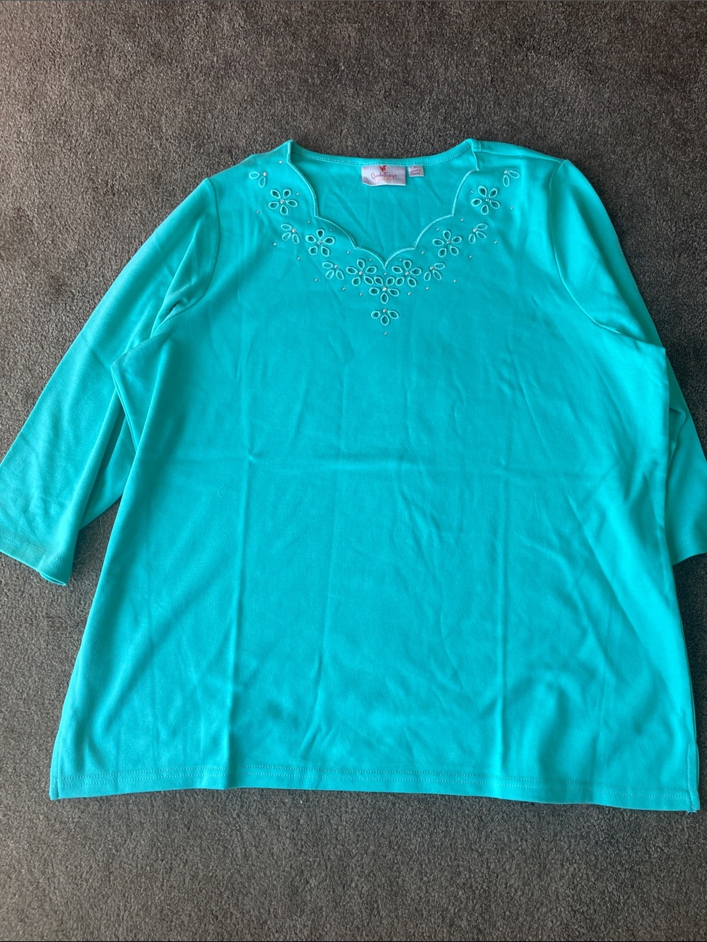 Quacker Factory Turquoise Embroidered V-Neck Long Sleeve Top